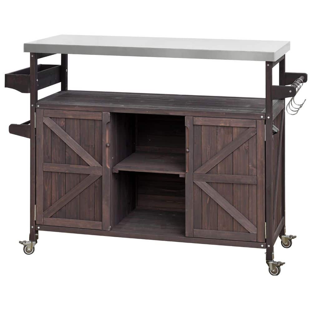 Brown Stainless Steel 50.25 in. Kitchen Island with 100% Fir Wood and 4 S-Hook Hangers, Stainless Steel Top for Outdoor -  Ximuprmy, YXC-50DBR-F
