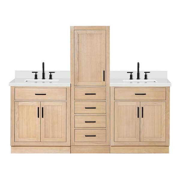 Hepburn 3-Piece 82 in. Wide Double Sink Bath Vanity And Linen Cabinet Set In Oak With Pure White Quartz Top