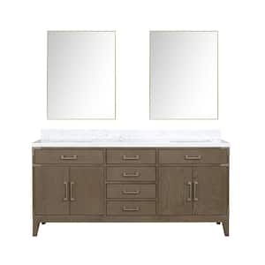 Fossa 72 in W x 22 in D Grey Oak Double Bath Vanity, Carrara Marble Top, and 34 in Mirrors