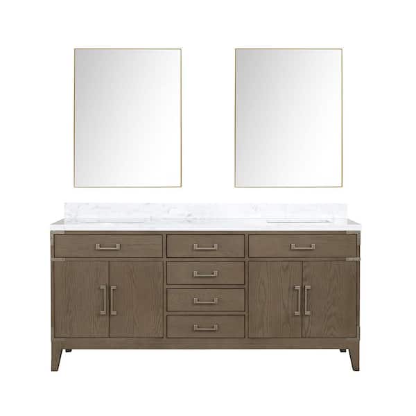 Fossa 72 in W x 22 in D Grey Oak Double Bath Vanity, Carrara Marble Top, and 34 in Mirrors