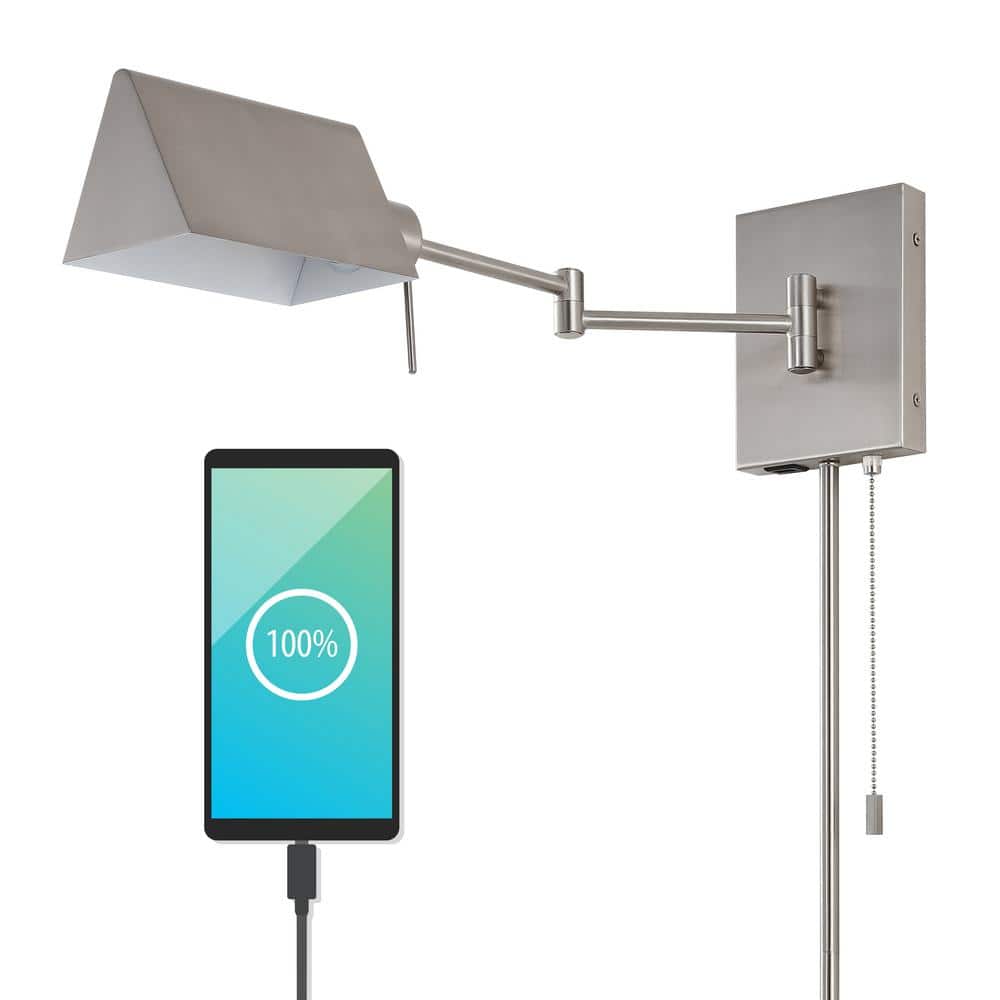 Nickel 22" Dimmable Swing Arm Wall Sconce with USB Port