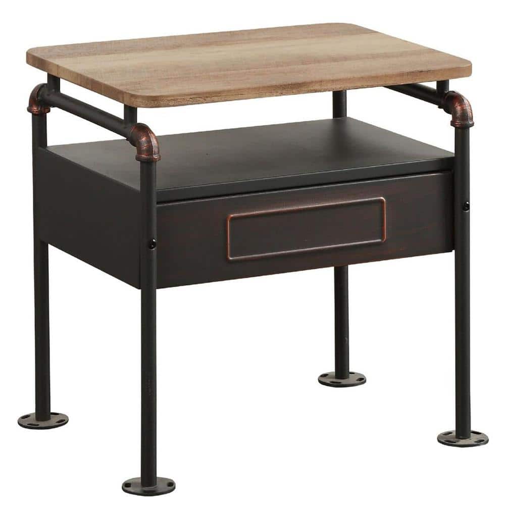 Industrial Oak and Gray Metal Nightstand with Drawer and Shelf