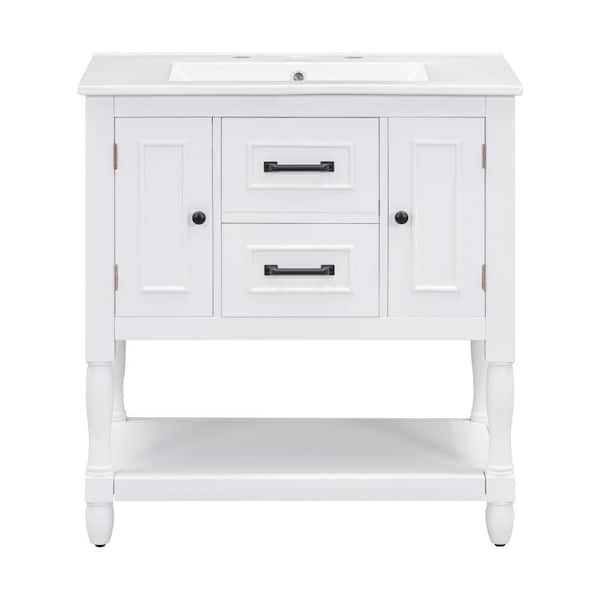 EPOWP 30 in. W x 18.3 in. D x 32.5 in. H Single Sink Freestanding Bath Vanity in White with White Ceramic Top and Cabinet