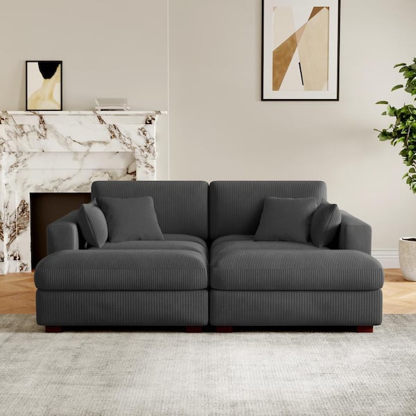 Uixe 84 in. Modern Square Arm Corduroy Upholstered Sectional Sofa in Gray with 2-Square Pillows