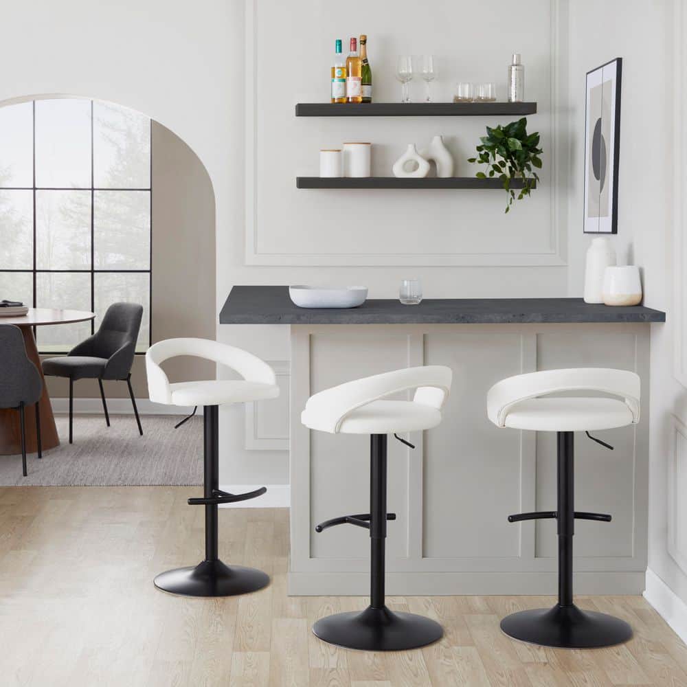 Grotto Upholstered 39.5 in. White Faux Leather and Black Metal Adjustable Bar Stool with Rounded T Footrest (Set of 3)