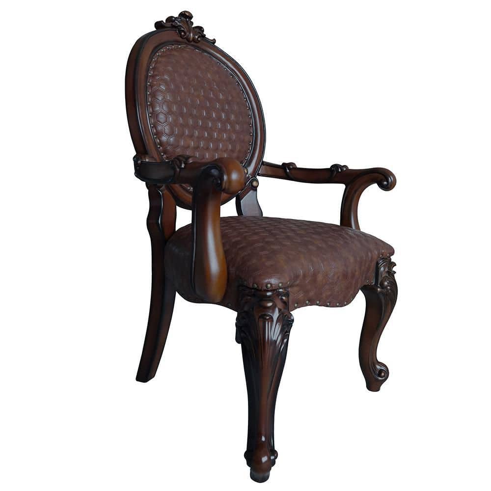 Elegant Faux Leather 25" Brown Wood Upholstered Arm Chair
