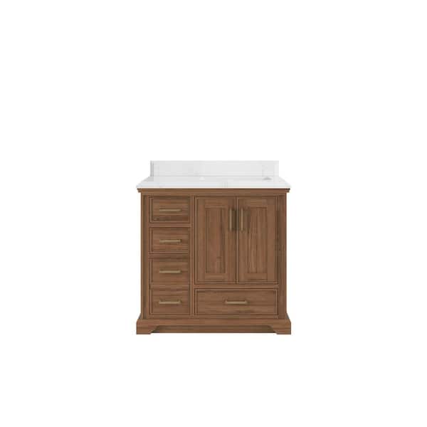 Willow Collections Charlotte Teak 36 in. W x 22 in. D x 36 in. H Right Offset Sink Bath Vanity in Dark Natural with 1.5" Empira Quartz Top
