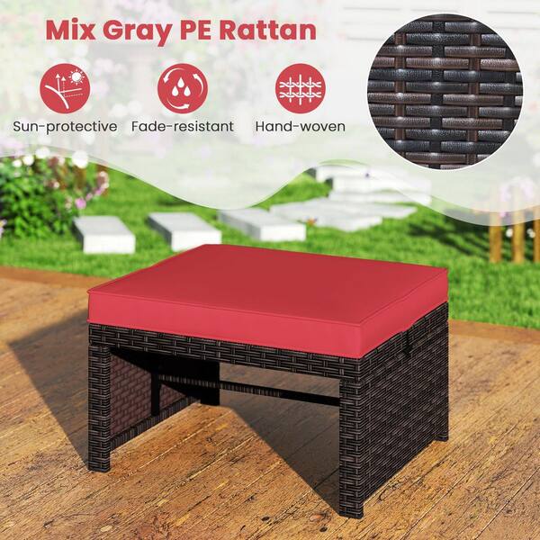 Brown Metal Frame and PE Rattan Outdoor Ottoman Set with Red Zippered Cushion(Set of 2)