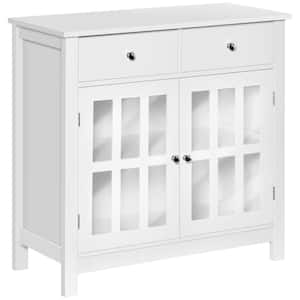 White Sideboard Buffet Cabinet, Kitchen Cabinet with 2-Drawers and Glass Doors