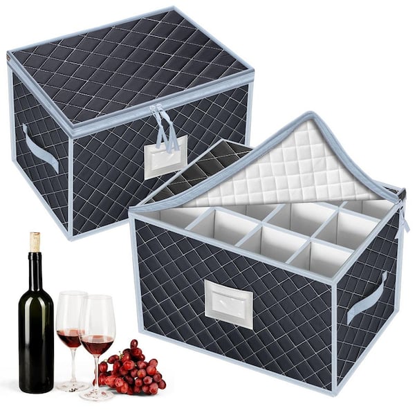 2-Pack Blue Stemware Organizer, Wine Glass Storage Box with Dividers, Stemware Storage Container for-Packing and Moving