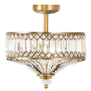 14.75 in. 2-Light Gold Semi-Flush Mount-Light with Tiered Jeweled Glass
