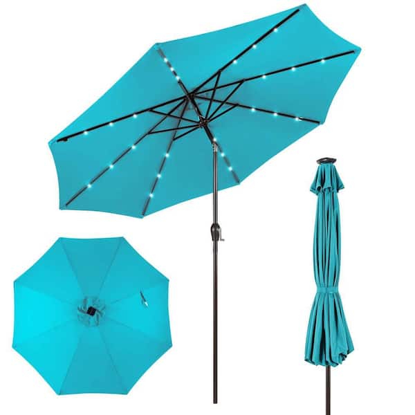 10 ft. Iron Market Solar Patio Umbrella LED Tilt with Crank Outdoor in Turquoise