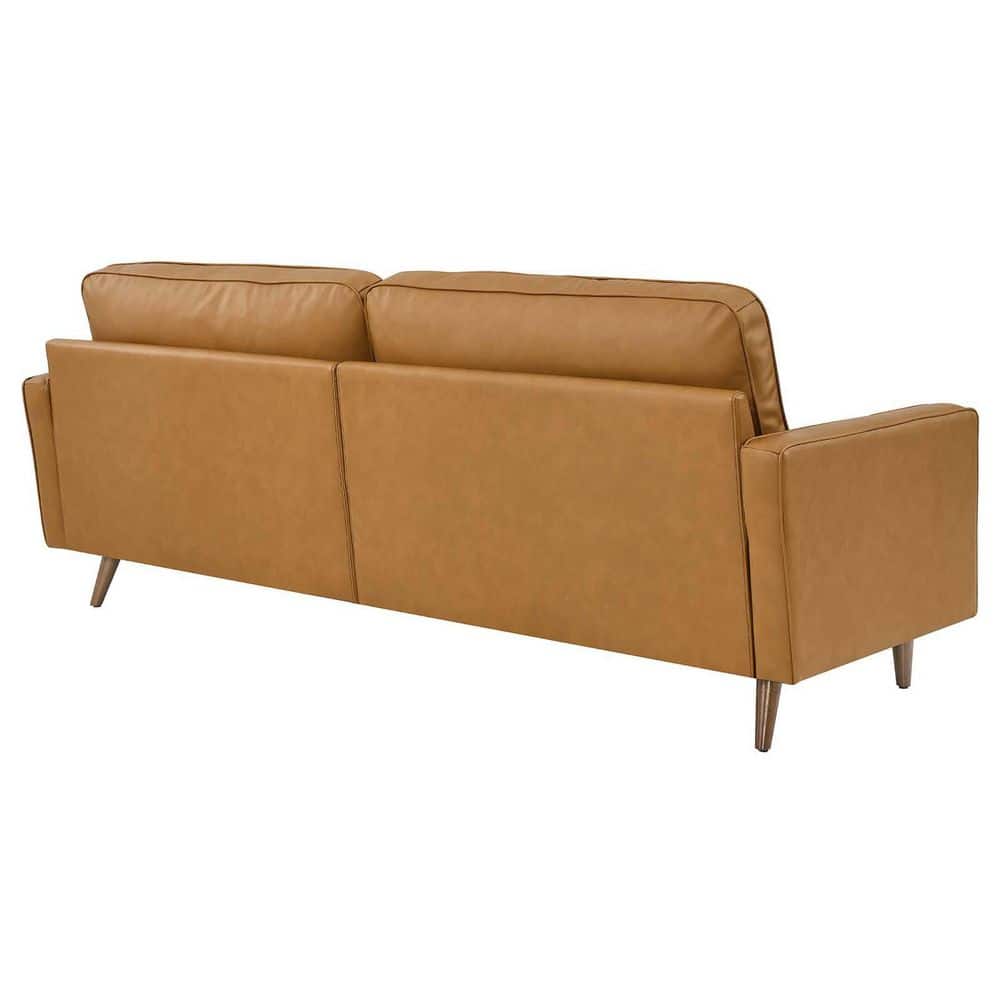 Tan Tufted Leather Sofa with Ottoman and Wood Legs
