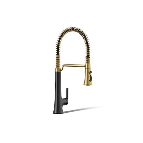 KOHLER Tone Single Handle Pull Down Sprayer Kitchen Faucet in Matte Black with Moderne Brass