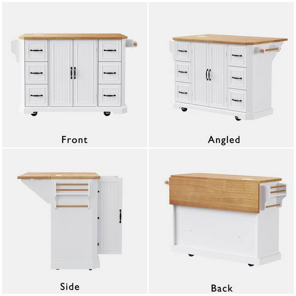 Ziyudura White Rubber Wood Veneer 56 in.Kitchen Island with Drop