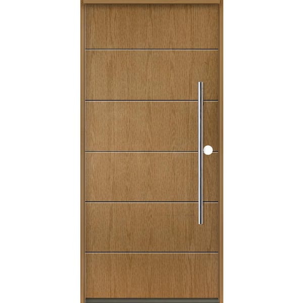 Krosswood Doors TETON Modern Faux Pivot 36 in. x 80 in. Left-Hand/Inswing 6-Grid Solid Panel Bourbon Stain Fiberglass Prehung Front Door
