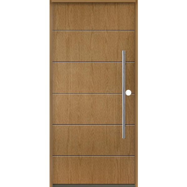 TETON Modern Faux Pivot 36 in. x 80 in. Left-Hand/Inswing 6-Grid Solid Panel Bourbon Stain Fiberglass Prehung Front Door