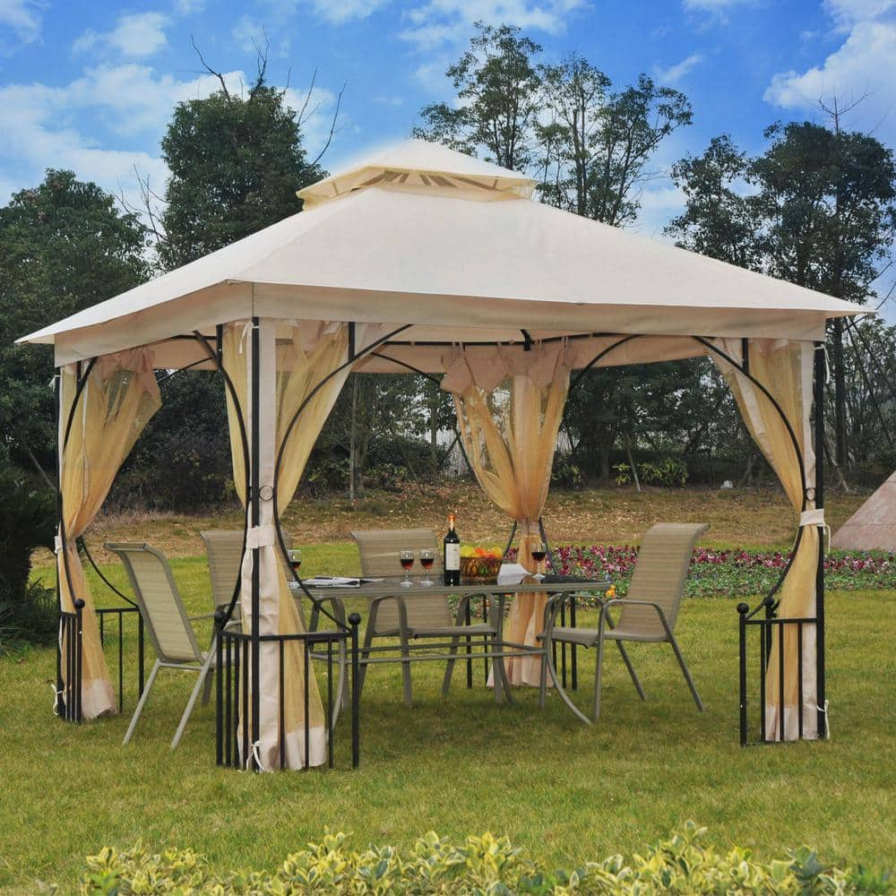 Outsunny 10 ft. x 10 ft. x 9 ft. Steel Frame Garden Gazebo Canopy with ...