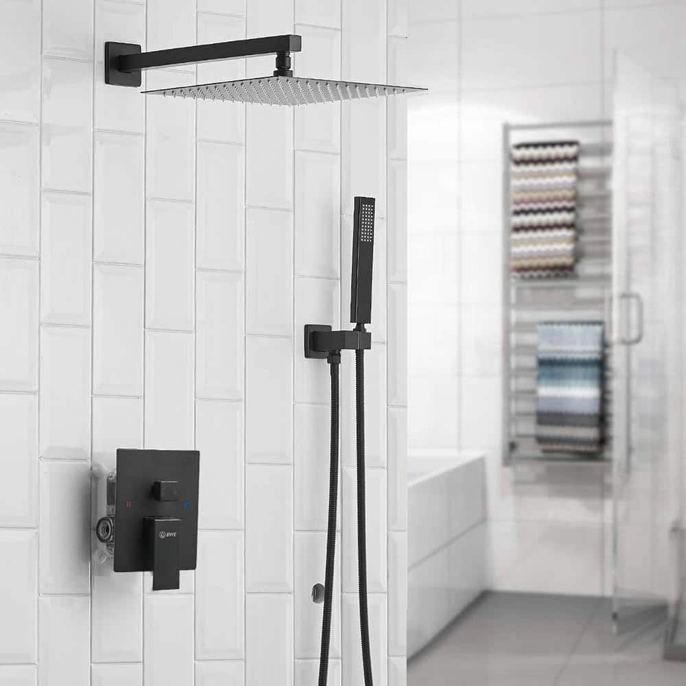 Matte Black 12-Inch Square Rain Shower Faucet Set
