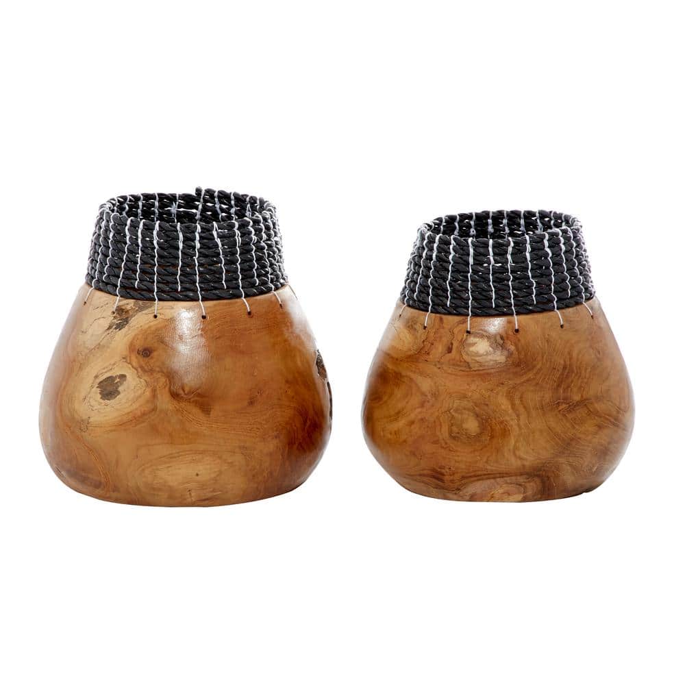 Handmade Teak Wood Vases with Black Seagrass Accents, Set of 2