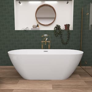 59 in. x 28.8 in. Acrylic Soaking Tub Flatbottom Free Standing Bathtub Chrome Anti-Clogging Drain in Glossy White