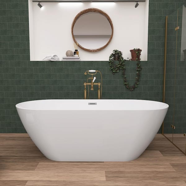 Zeafive 59 in. x 28.8 in. Acrylic Soaking Tub Flatbottom Free Standing Bathtub Chrome Anti-Clogging Drain in Glossy White