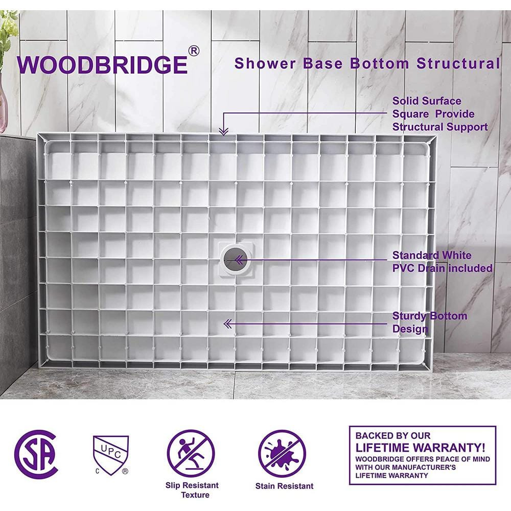 60" White Solid Surface Rectangular Shower Pan with Matte Black Drain Cover