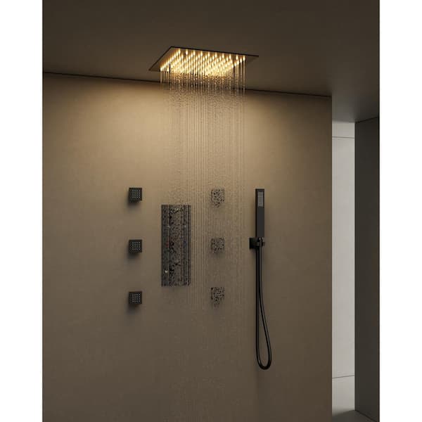 Thermostatic 5-Spray Patterns 12 in. LED Mood Lighting Shower Faucet with 6-Jets in Matte Black (Valve Included)