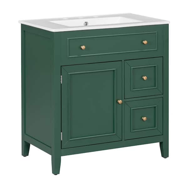 COWLOWN 30 in. W x 18.3 in. D x 32.5 in. H Freestanding Bath Vanity in Green with White Ceramic Top, Door and Two Drawers