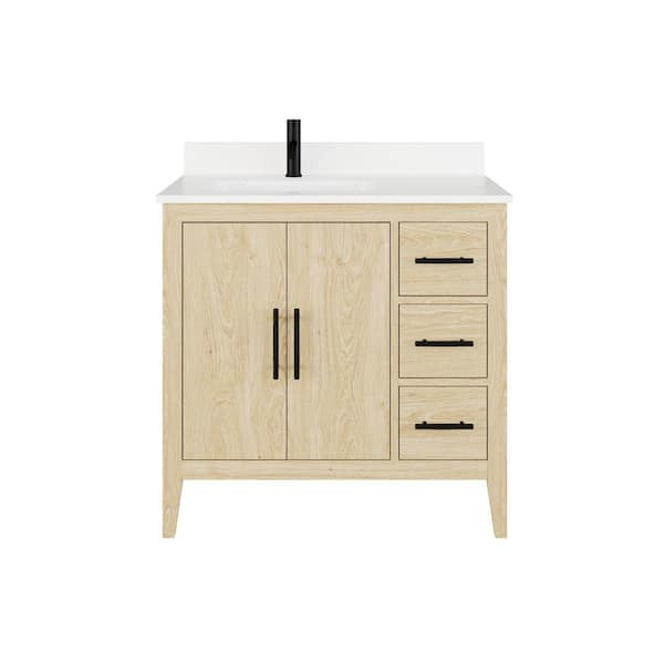Vienna 36 in. W x 22 in. D Bath Vanity in White Oak Diamond Quartz Top with White Sink Power Bar and Drawer Organizer