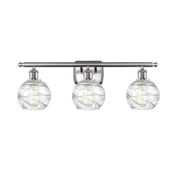 Athens Deco Swirl 26 in. 3-Light Brushed Satin Nickel Vanity Light with Clear Deco Swirl Glass Shade