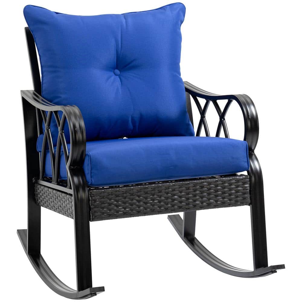 Modern Style Wicker Outdoor Rocking Chair with Blue Padded Cushions, Curved