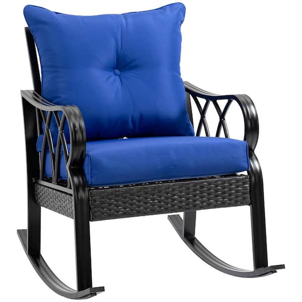 Unbranded Modern Style Wicker Outdoor Rocking Chair with Blue Padded Cushions, Curved Aluminum Armrest and Thick Metal Base