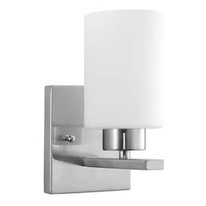 4.75 in. 1-Light Brushed Nickel Vanity Wall Sconce with Frosted Glass Shade