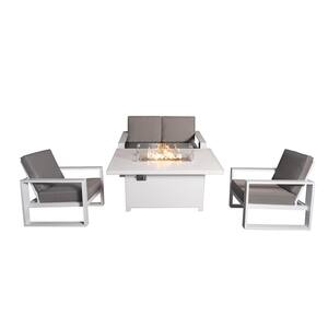 Aluminum Patio Conversation Set with Gray Cushion, White 55.12 in. Fire Pit Table Sofa Set - 2 Armchair+Loveseat