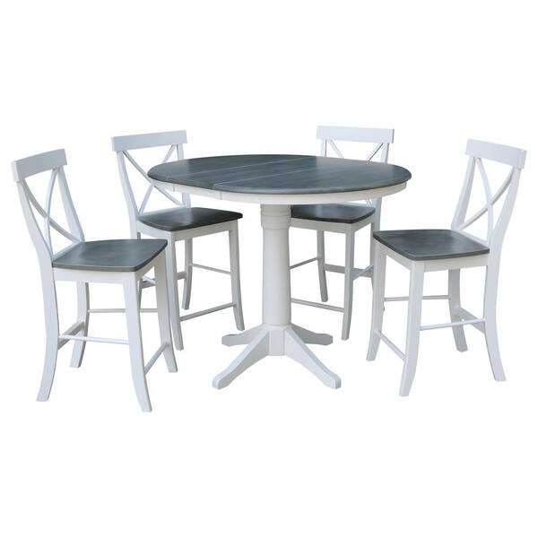 International Concepts Olivia 5 Piece 36 In White Heather Gray Extendable Solid Wood Counter Height Dining Set With X Back Stools K05 36rxt 27b S6132 4 Dining Set With X Back Stools, Counter Height Extendable Dining Table White
