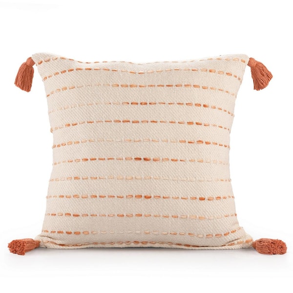 LR Home Torrent Orange Striped Hand-woven Tasseled 20 in. x 20 in. Indoor Throw Pillow