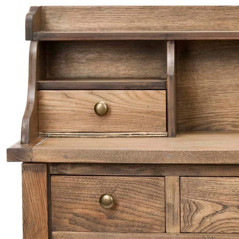 Transitional Oak 5-Drawer Writing Desk with Hutch and Cubbies
