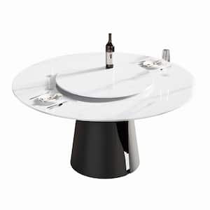59.05 in. Lazy Susan Rotary Round White Sintered Stone Dining Table with Black Metal Legs (Seat 8)