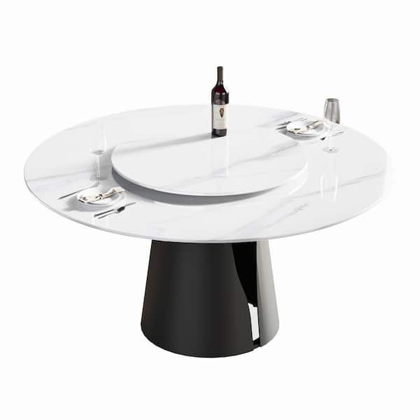 Magic Home 59.05 in. Lazy Susan Rotary Round White Sintered Stone Dining Table with Black Metal Legs (Seat 8)