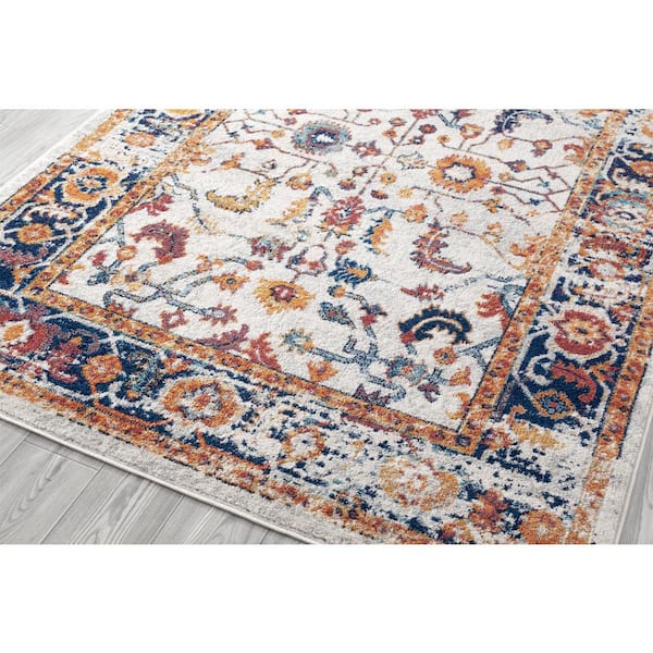 Alexandria 5 x 8 Ivory/Gold Bordered Pattern Area Rug for High Traffic Living Room Dining Room Bedroom
