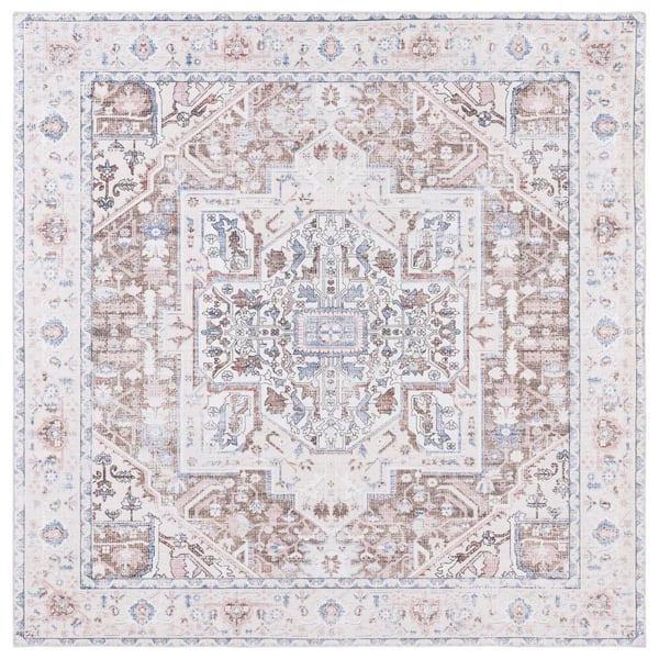 SAFAVIEH Arizona Taupe/Beige 7 ft. x 7 ft. Traditional Border Machine Washable Square Area Rug