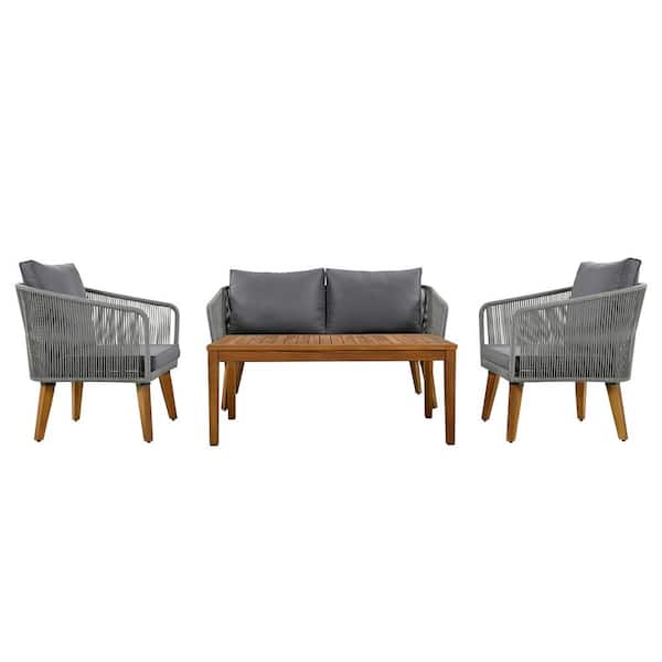PARASOLAR Gray Frame 4-Piece Wood Outdoor Sectional Set with Gray Cushions and Table