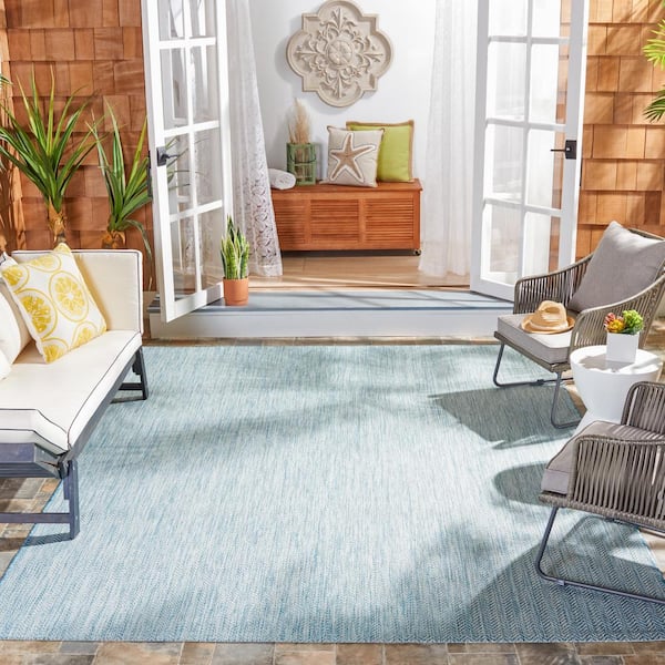 Courtyard Aqua/Gray 10 ft. x 10 ft. Solid Color Chevron Indoor/Outdoor Square Area Rug