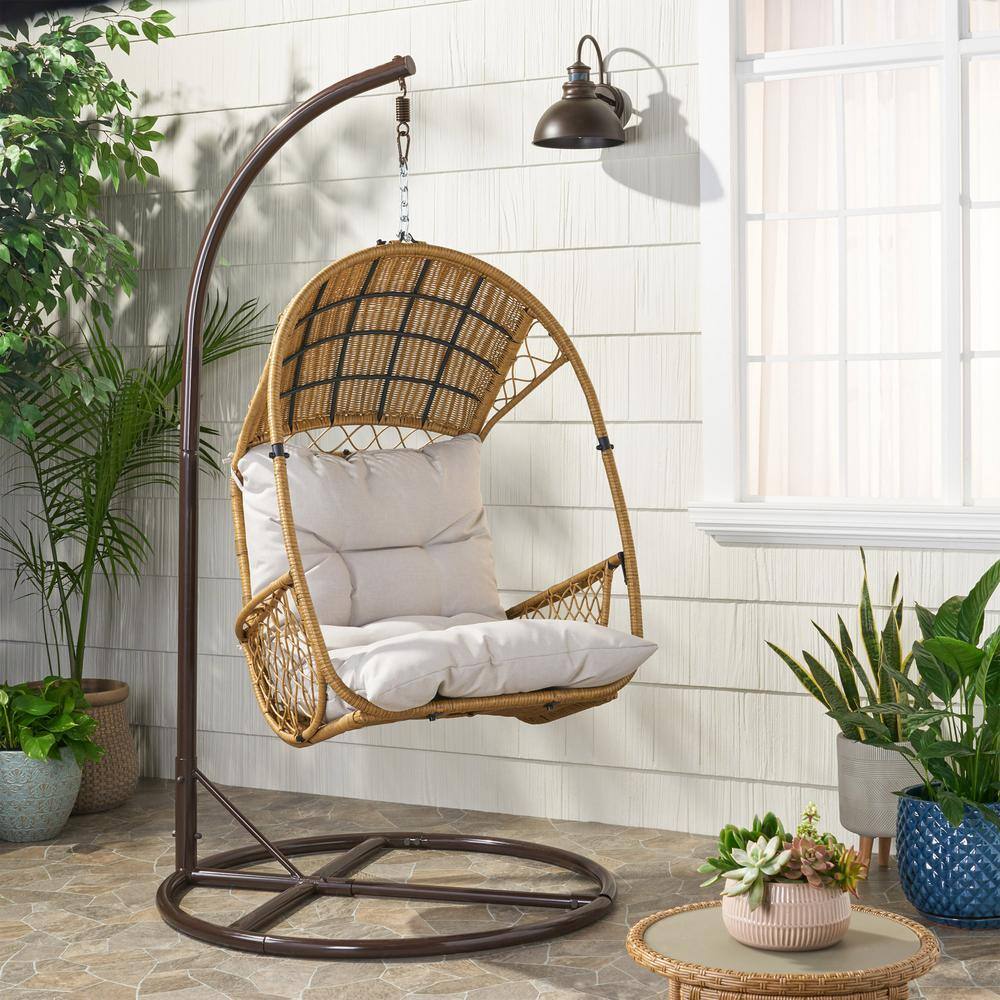 Noble House Malia Wicker Hanging Chair with Stand in Light Brown Brown Beige