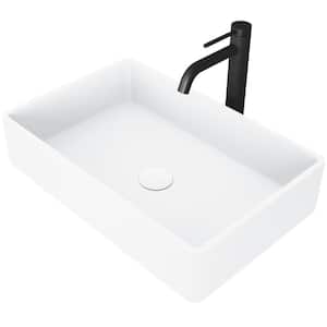 Matte Stone Magnolia Composite Rectangular Vessel Bathroom Sink in White with Faucet in Matte Black and Pop-Up Drain