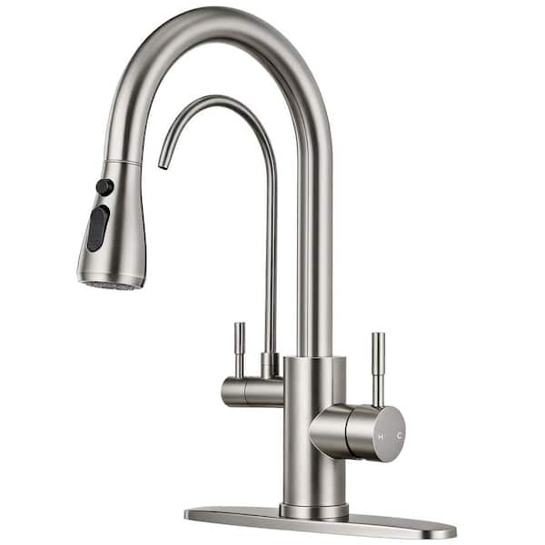 15 in. H Dual Handle Deck Mount Dual Spout Pull Down Standard Kitchen Faucet with Water Purification in Brushed Nickel
