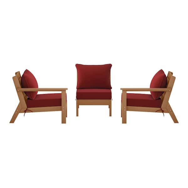 Birchwood Teak Arrangeable Outdoor Patio 3-Piece Deep Seating HDPE Sofa Arm Chair Set w/ Red Cushions