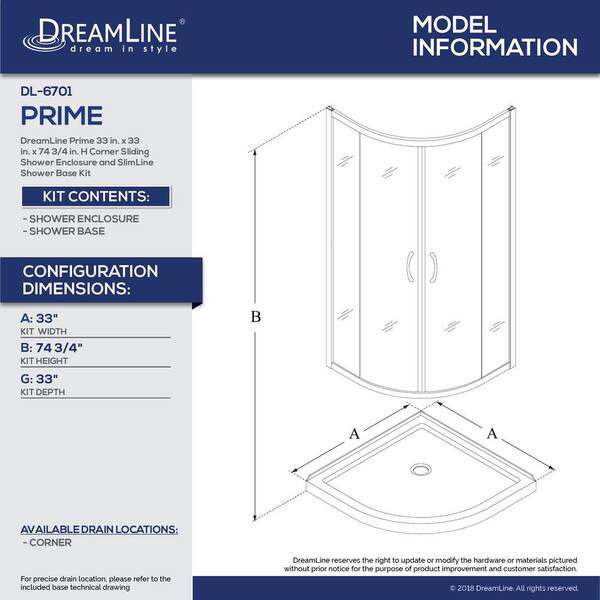 Dreamline Prime 33 In X 74 3 4 In Semi Frameless Corner Sliding Shower Enclosure In Brushed Nickel With White Base Kit Dl 6701 04cl The Home Depot