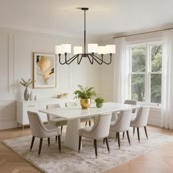 39 in. 6-Light Black Chandelier with White Fabric Shades, Classic Hanging Ceiling Light for Bedroom or Living Room